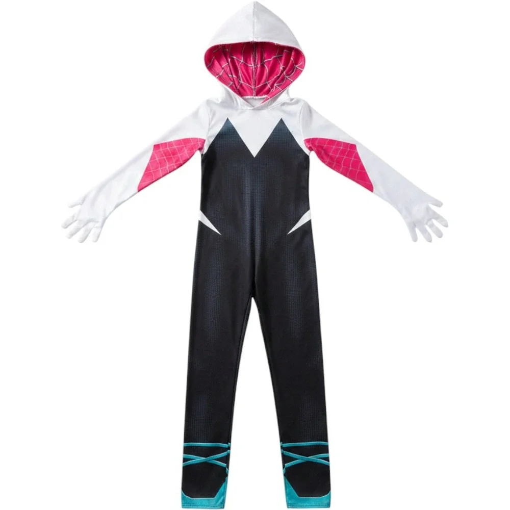 Spider Gwen Ghost Spider Kids Costume Jumpsuit Youth M L Hooded Cosplay Bodysuit